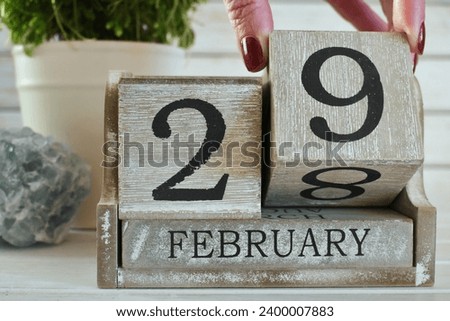 Leap Year Day, February 29, displayed on a wooden block calendar Royalty-Free Stock Photo #2400007883