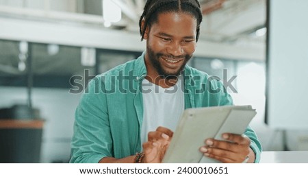 Happy man, planning and tablet for business marketing, website research or software design in office. Young employee, worker or African person typing or scroll on digital technology for news or email