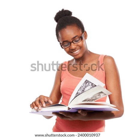 Thinking, black girl and kid with a picture book, smile and knowledge isolated on a white studio background. African person, child and model with information, hobby and activity with student and info