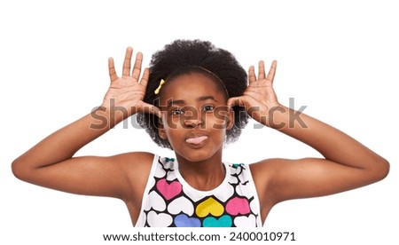 Goofy, funny and portrait of black girl in a studio with tongue out for crazy facial expression. Comedy, joke and young African child with tease, comic and silly face isolated by white background.