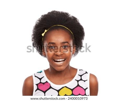Smile, portrait and young black girl in a studio with positive, good and confident attitude. Sweet, happy and headshot face of gen z African teenager with natural hair isolated by white background.
