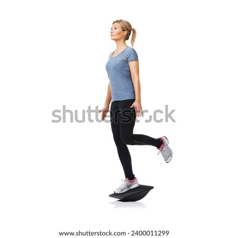 Balance board, fitness and woman with training, exercise and wellness isolated on white studio background. Person, mockup space and model with equipment, workout and progress with challenge or health