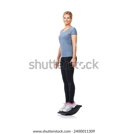 Portrait, balance board and woman with fitness, exercise and wellness isolated on a white studio background. Person, girl and model with equipment, training and mockup space with workout and energy