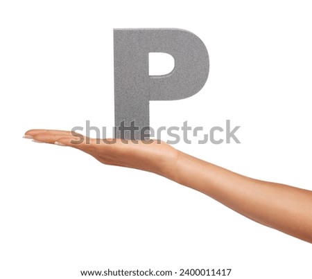 Woman, hand and font or alphabet in studio for advertising, learning or teaching presentation. Sign, letter or character for marketing, text or communication and grammar or symbol on white background