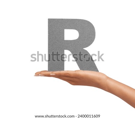 Woman, hand and letter or alphabet in studio for advertising, learning or teaching presentation. Sign, font or character for marketing, text or communication and grammar or symbol on white background