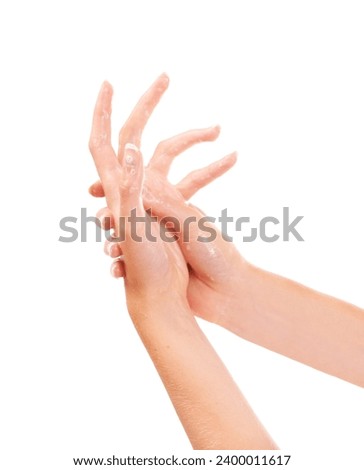 Health, foam and closeup of washing hands in studio for hygiene, wellness or self care. Grooming, soap and zoom of person or model clean skin to prevent germs, bacteria or dirt by white background. Royalty-Free Stock Photo #2400011617