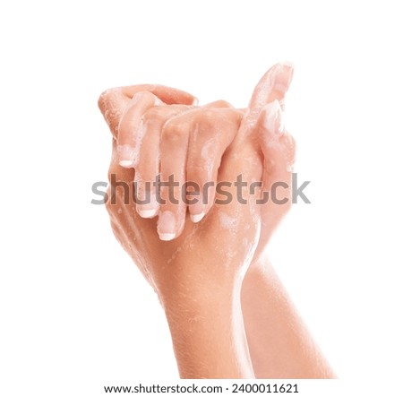 Wellness, soap and closeup of washing hands in studio for hygiene, health or self care. Grooming, cosmetic and zoom of person or model clean skin to prevent germ, bacteria or dirt by white background Royalty-Free Stock Photo #2400011621