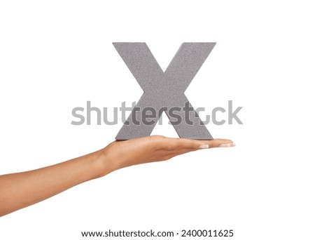 Woman, hand and x letter or alphabet in studio for marketing, learning or teaching on mock up. Sign, font or character for marketing, text or communication and grammar or symbol on white background