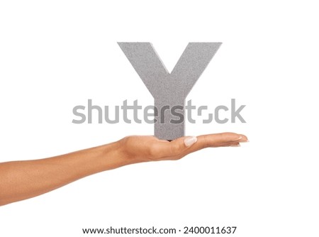 Woman, hand and Y font or alphabet in studio for advertising, learning or teaching on mockup. Sign, letter and character for marketing, text or communication and grammar or symbol on white background