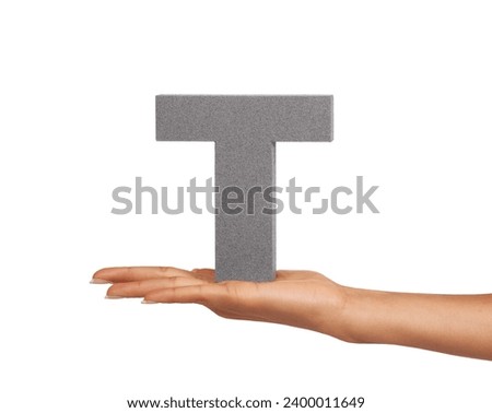 Woman, hand and letter T or alphabet in studio for advertising, learning and teaching presentation. Sign, font and character for text and communication or grammar and symbol on white background