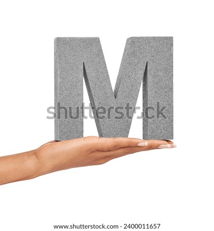 Woman, hand and font or alphabet in studio for advertising, learning or teaching presentation. Sign, letter or character for marketing, text or communication and grammar or symbol on white background