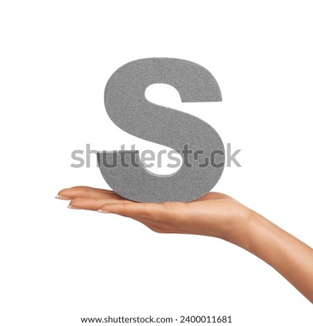 S, learning and hand with letter on a white background for spelling, language and message. English, communication and isolated sign, symbol and icon on palm in studio for alphabet, education and font