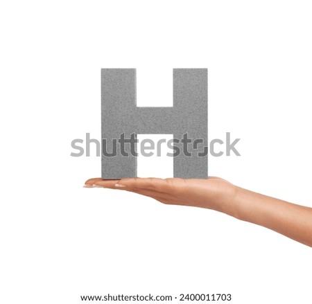 Hand of woman, capital letter H and presentation of consonant isolated on white background. Character, font and palm showing English alphabet typeface for communication, reading and writing in studio