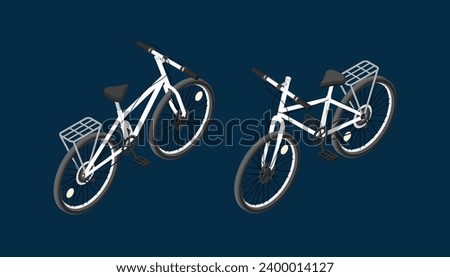 Set of logistics vehicles. Eco friendly transport for delivering orders or parcels. Front and back view of courier bicycle. Cartoon isometric vector collection isolated on blue background