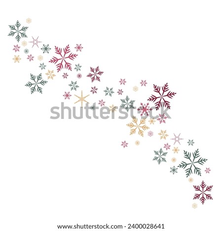Snowflakes design element, Christmas clip art vector, winter scene of falling snow in windy swirling pattern, red green and gold colors