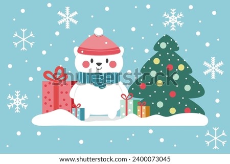 Greeting card with a cute white bear standing amidst snow and snowflakes, as well as gift boxes and a Christmas tree.