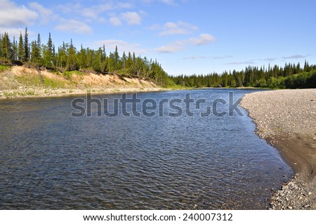 North river on a Sunny summer day. The river of the Polar Urals In the Republic of Komi, Russia.