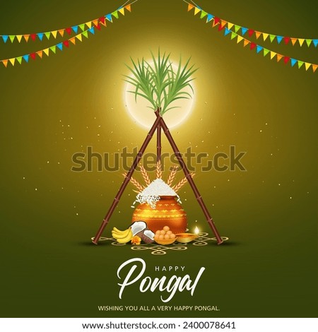 Tamil Nadu festival Happy Pongal with Pongal props, holiday Background, pongal celebration greeting card, vector illustration design. Royalty-Free Stock Photo #2400078641