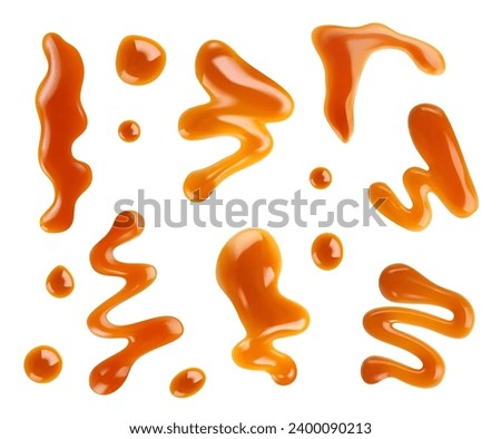 Caramel syrup swirl splash, drip and stains. Isolated 3d vector set of melted liquid toffee candies flowing and dripping, with droplet. Confectionery topping with glossy texture, isolated objects