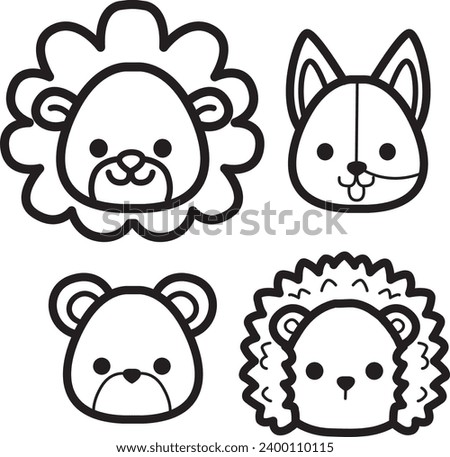 The theme of this icon set is Animal. Flat animal faces monochrome icon cartoon design. Baby animal face outline. Drawing for kids. Icon set of animal faces. Lion, hedgehog, bear, and dog faces.