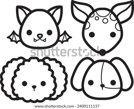 The theme of this icon set is Animal. Flat animal faces monochrome icon cartoon design. Baby animal face outline. Drawing for kids. Icon set of animal faces. Bat, deer, doggy and puppy faces.