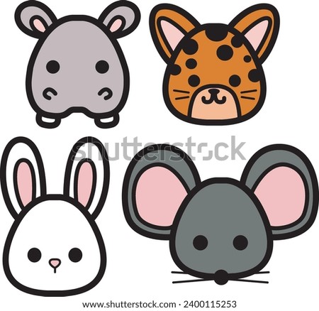 The theme of this icon set is Animal. Flat color outline animal faces icon cartoon design. Baby animal face outline. Drawing for kids. Icon set of animal faces. Hippo, rat, tiger, and bunny faces.
