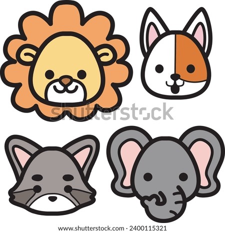 The theme of this icon set is Animal. Flat color outline animal faces icon cartoon design. Baby animal face outline. Drawing for kids. Icon set of animal faces. Lion, dog, racoon and elephant faces.