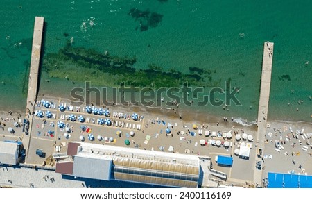 Sudak, Crimea. View of the city beaches of Sudak from the Black Sea. Aerial view Royalty-Free Stock Photo #2400116169