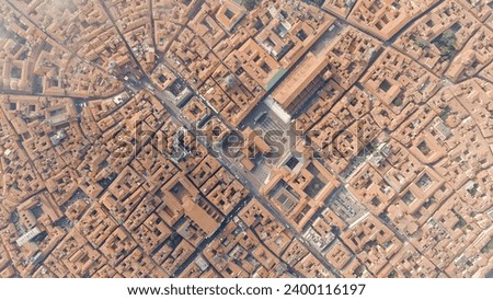 Bologna, Italy. Old Town. Basilica of San Petronio, Piazza Maggiore. Panoramic view of the city. Summer, Aerial View  