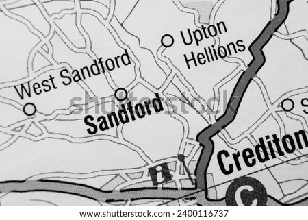Sandford, Devon, England, United Kingdom atlas local map town and district plan name in black and white