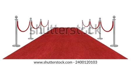Perspective view red velvet rope barrier and silver poles and red carpet isolated on white background Royalty-Free Stock Photo #2400120103