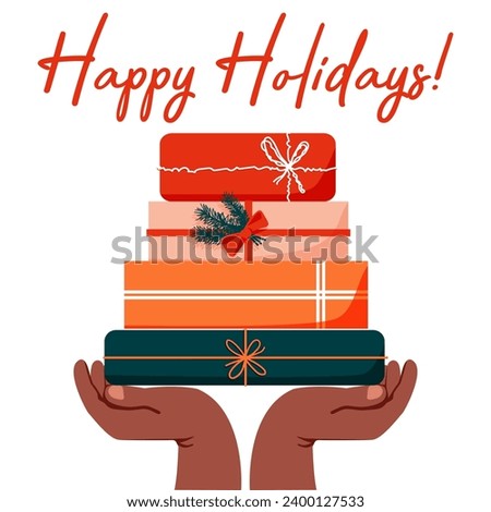 Hands with  stack of gift boxes.Happy Holidays greeting card.Christmas surprise.Holding present box, holiday packages in festive paper wrapping.Vector