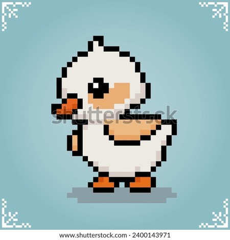 A white duck in 8 bit pixel art. Animal game assets in vector illustrations.