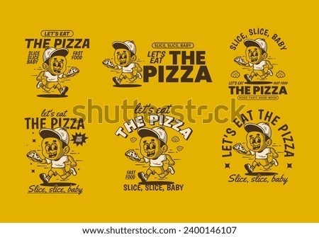 Let's eat the pizza. A boy character running and holding a slice pizza