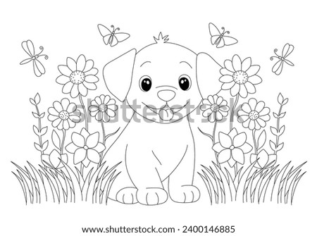 Coloring page with adorable puppy in grass and flowers. Hand drawn vector contoured black and white illustration. Design template for kids coloring book, poster or postcard.
