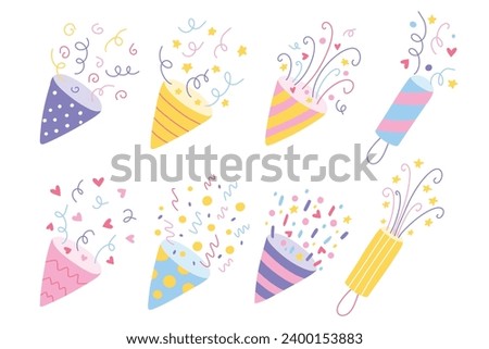 Party Confetti Popper Set. Collection of Isolated confetti, explosion, firecracker, celebration in hand drawn style. Vector illustration.