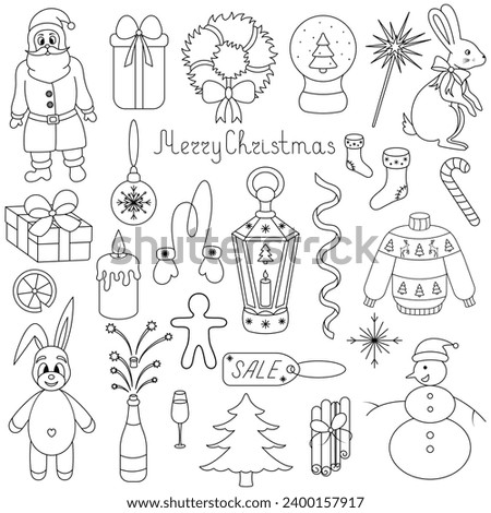 Christmas collection of illustrations. Sketch. Vector set of drawings. Isolated background.  Doodle style. Christmas wreath, snow globe, mittens, bunch of cinnamon sticks. 