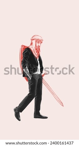 Businessman in black suit with drawn knight head standing in confident pose. Promotion, male rights. Contemporary art collage. Business, creativity, game character design, character concept art