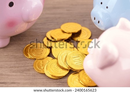 Three little piggy banks collectively staring at the coins