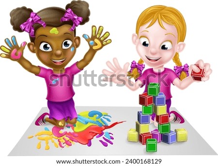 Cartoon girl children playing with toys, with paints and building blocks
