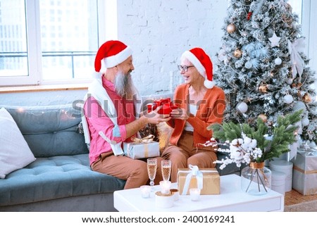 Christmas family grandmother and grandfather, elderly couple senior man and woman having fun near the Christmas tree, give each other gift box and celebrating Christmas and New Year