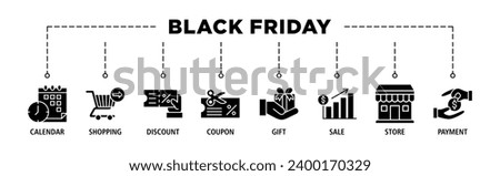 Black friday banner web icon set vector illustration concept with icon of calendar, shopping, discount, coupon, gift, sale, store, payment
