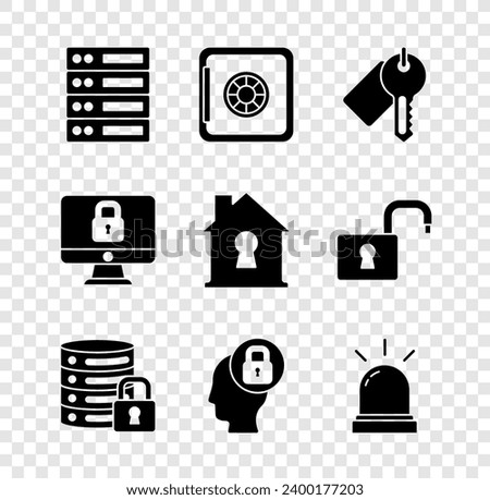 Set Server, Data, Web Hosting, Safe, Marked key, security with lock, Human head, Motion sensor, Lock computer monitor and House under protection icon. Vector