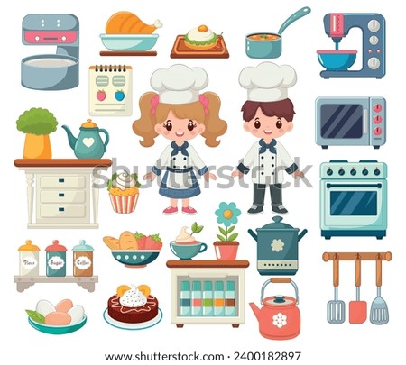 Cartoon kitchen clipart set. A boy and a girl are cooks. Dishes and kitchen electrical appliances. Isolated on white background.