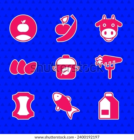Set Vegan food diet, Fish, Paper package for milk, Carrot, Leather, Chicken egg, Cow head and Apple icon. Vector