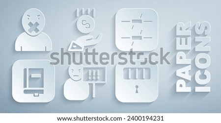 Set Protest, Barbed wire, Law book, Prison cell door, Coins hand - minimal wage and Censor freedom of speech icon. Vector