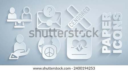 Set International day of peace, Censored stamp, Life insurance in hand, Heart rate, Envelope with question mark and Gender equality icon. Vector