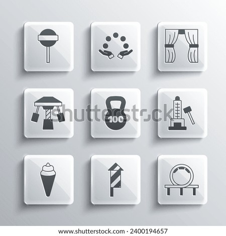 Set Firework rocket, Roller coaster, Striker attraction with hammer, Weight, Ice cream in waffle cone, Attraction carousel, Lollipop and Circus curtain raises icon. Vector Royalty-Free Stock Photo #2400194657