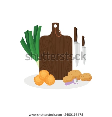 Cutting board with knives and vegetables on white background