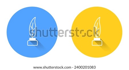 White Feather and inkwell icon isolated with long shadow background. Circle button. Vector